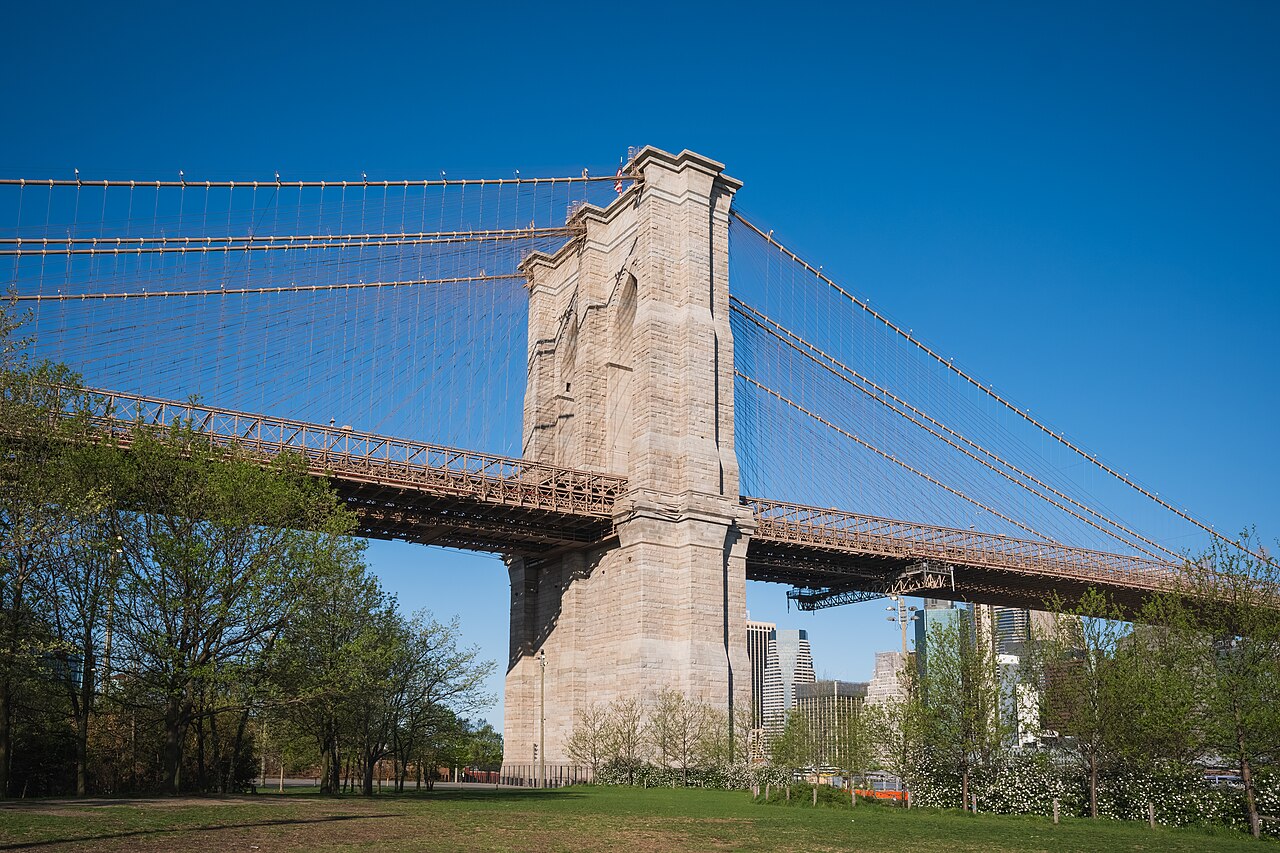 Brooklyn-side tower of the Brooklyn Bridge from Brooklyn Bridge Park, New York City