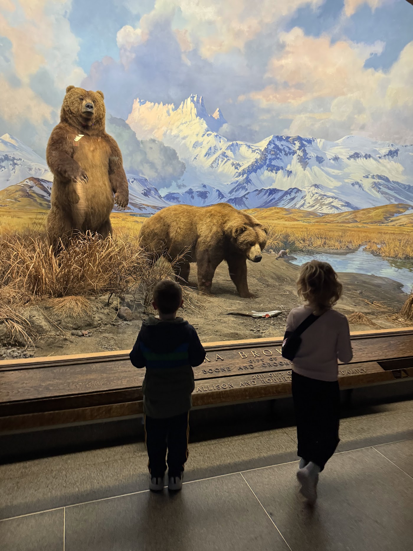 Two children looking up at two huge bears in a painted mountain scene behind glass.