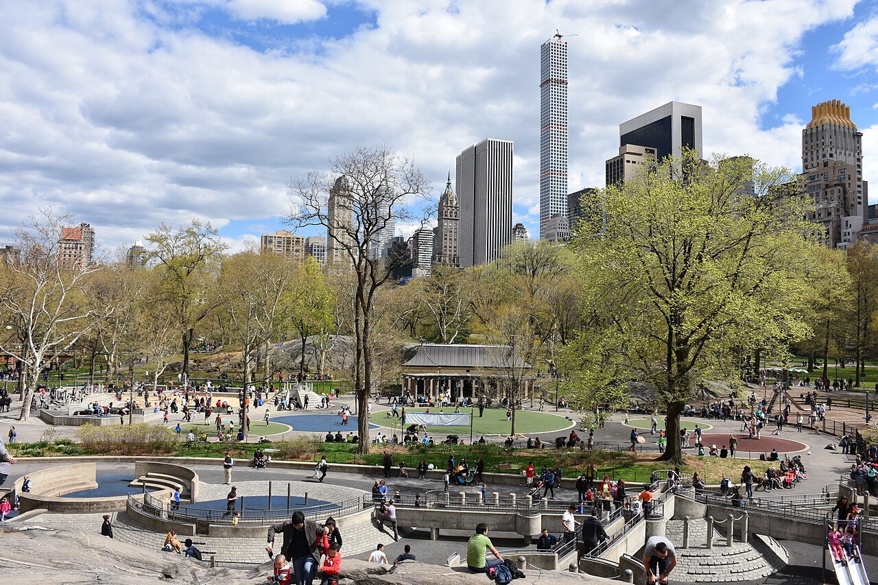 Heckscher Playground and Central Park South skyline from Rat Rock