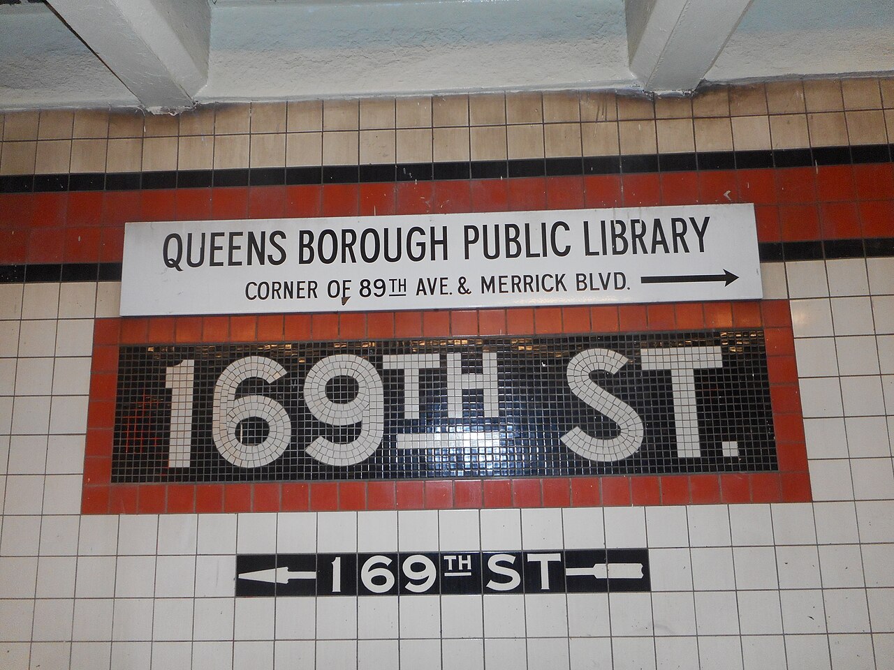 169th Street, IND Queens Blvd; QBPL sign over Mosaic